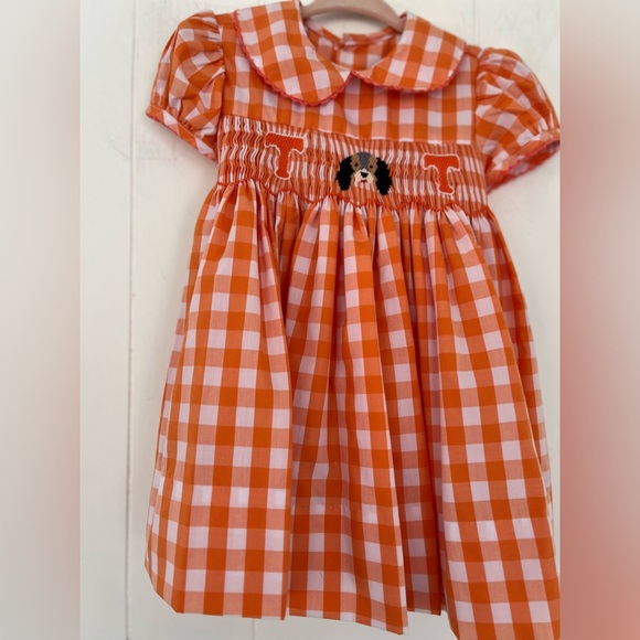 Southern Saturday by Remember Nguyen Other - Tennessee VOLS Smocked Orange White Gingham Bow Dress Smokey Dog Sz 12 Months